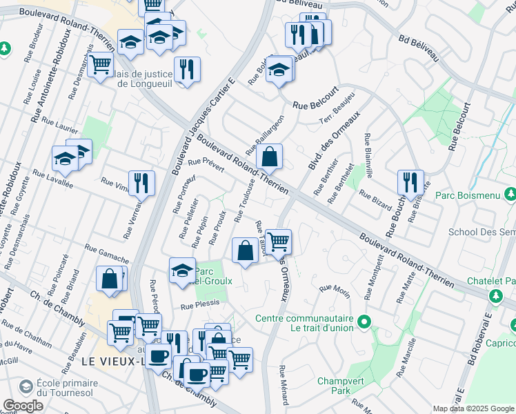 map of restaurants, bars, coffee shops, grocery stores, and more near 2859 Terrasse Tracy in Longueuil