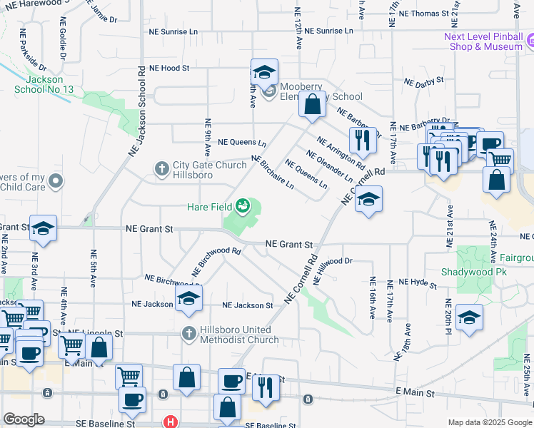 map of restaurants, bars, coffee shops, grocery stores, and more near 1147 Northeast Grant Street in Hillsboro
