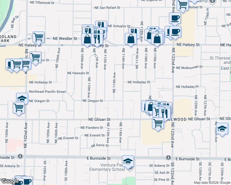 map of restaurants, bars, coffee shops, grocery stores, and more near 942 Northeast 113th Avenue in Portland