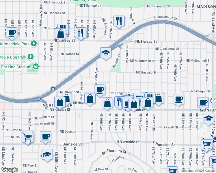 map of restaurants, bars, coffee shops, grocery stores, and more near 6635 Northeast Pacific Street in Portland