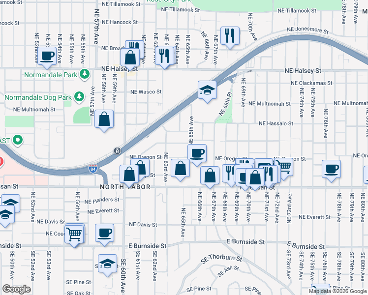 map of restaurants, bars, coffee shops, grocery stores, and more near 927 Northeast 65th Avenue in Portland