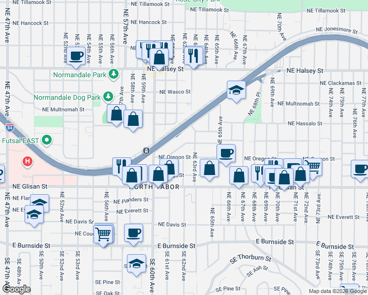 map of restaurants, bars, coffee shops, grocery stores, and more near 6203 Northeast Pacific Street in Portland