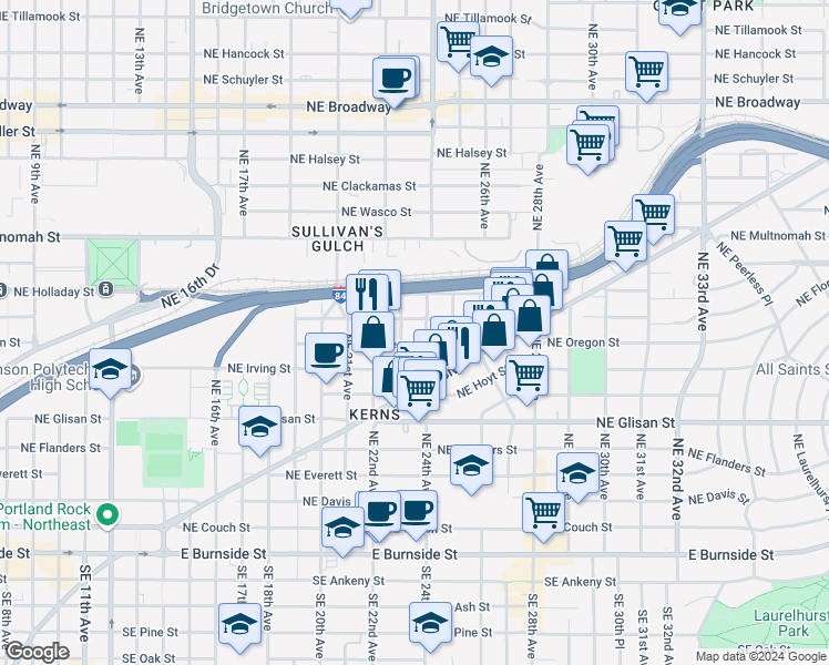 map of restaurants, bars, coffee shops, grocery stores, and more near 909 Northeast 24th Avenue in Portland