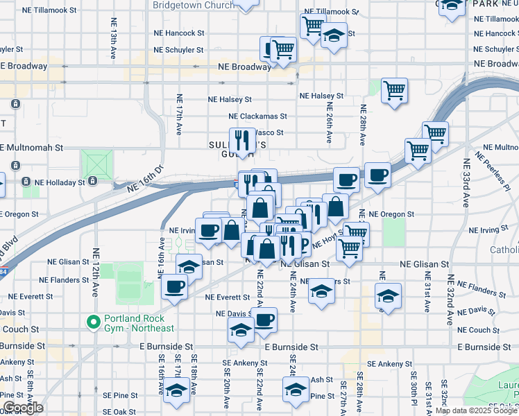 map of restaurants, bars, coffee shops, grocery stores, and more near 2211 Northeast Pacific Street in Portland