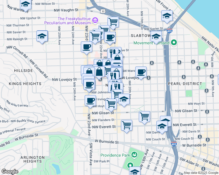 map of restaurants, bars, coffee shops, grocery stores, and more near 2131 Northwest Kearney Street in Portland