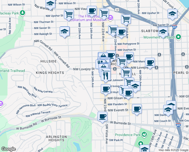 map of restaurants, bars, coffee shops, grocery stores, and more near 2368 Northwest Lovejoy Street in Portland