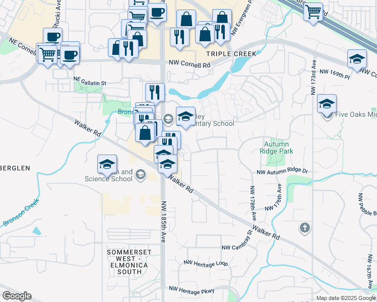 map of restaurants, bars, coffee shops, grocery stores, and more near 1365 Northwest Derrington Court in Beaverton
