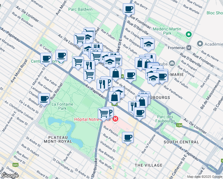 map of restaurants, bars, coffee shops, grocery stores, and more near 1882 Rue Sherbrooke Est in Montréal
