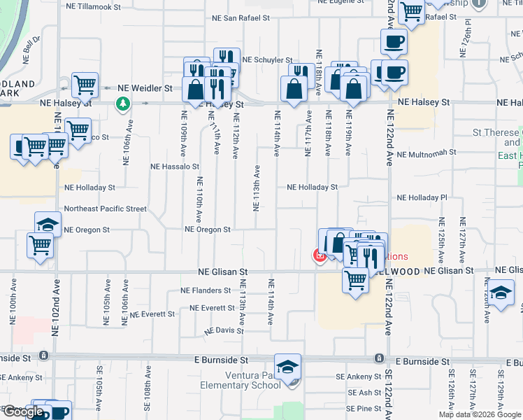 map of restaurants, bars, coffee shops, grocery stores, and more near 856 Northeast 113th Avenue in Portland