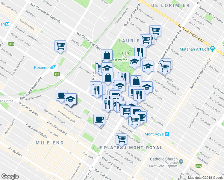 map of restaurants, bars, coffee shops, grocery stores, and more near 5173 Rue Berri in Montréal