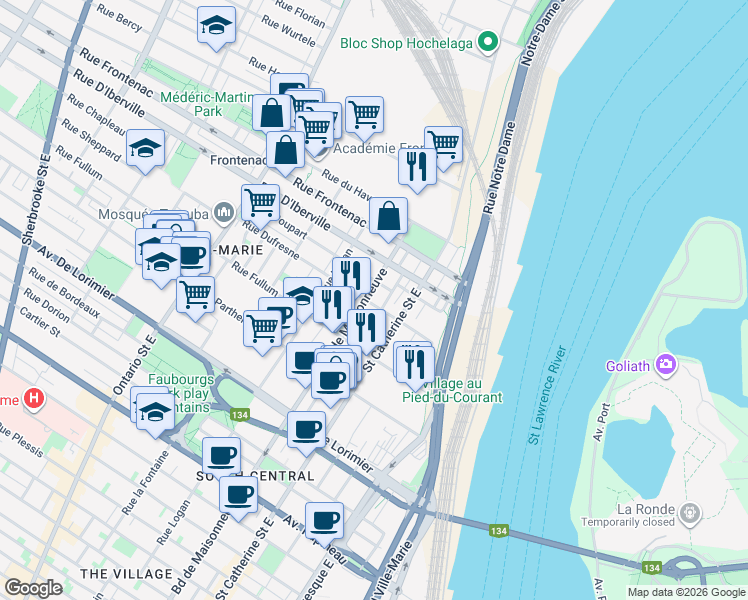 map of restaurants, bars, coffee shops, grocery stores, and more near 1479 Rue Dufresne in Montréal