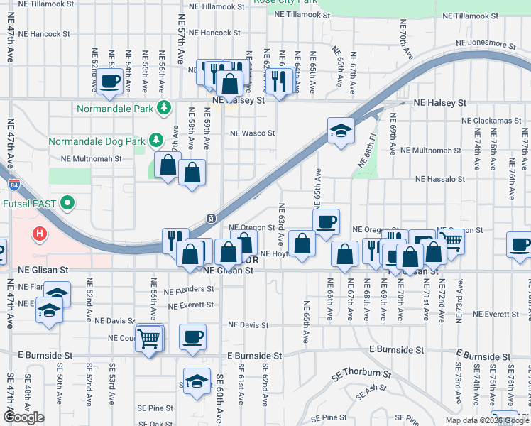 map of restaurants, bars, coffee shops, grocery stores, and more near 6180 Northeast Vera Street in Portland