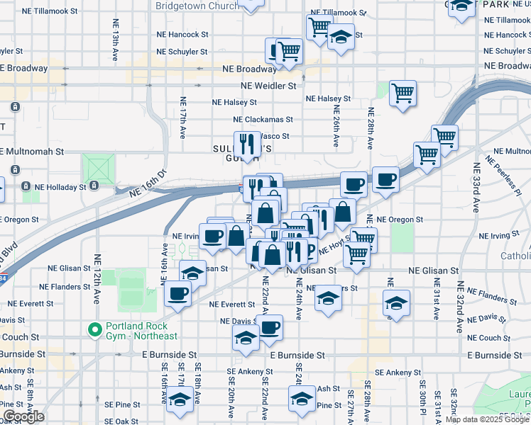 map of restaurants, bars, coffee shops, grocery stores, and more near 2211 Northeast Pacific Street in Portland