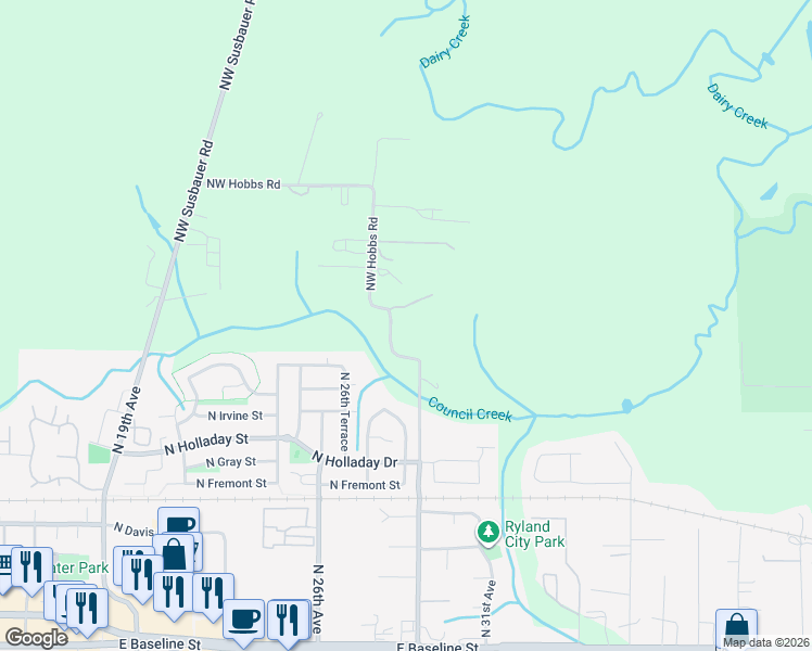 map of restaurants, bars, coffee shops, grocery stores, and more near 1290 Northwest Hobbs Road in Cornelius