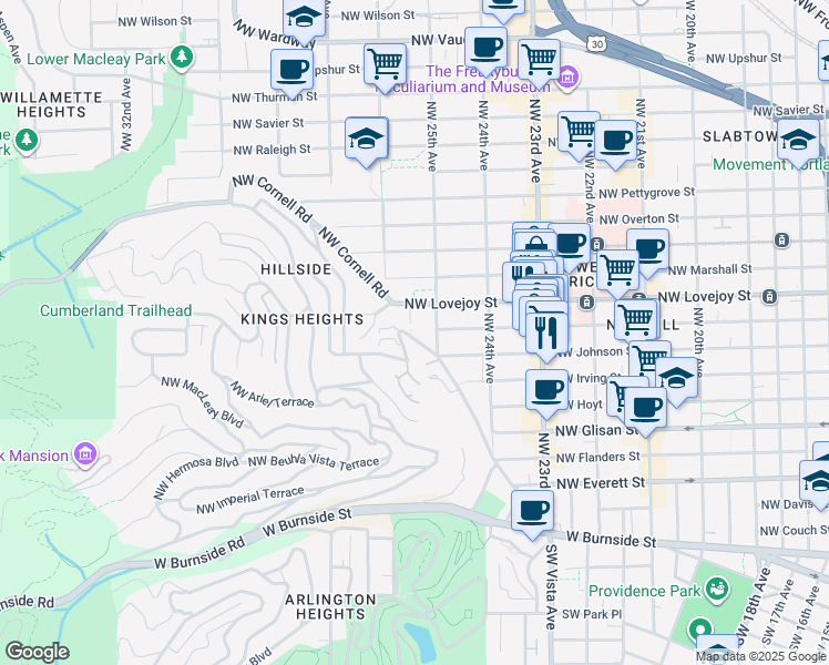 map of restaurants, bars, coffee shops, grocery stores, and more near 2533 Northwest Westover Road in Portland