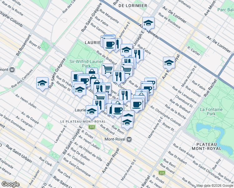 map of restaurants, bars, coffee shops, grocery stores, and more near Rue Boyer & Rue Gilford in Montréal