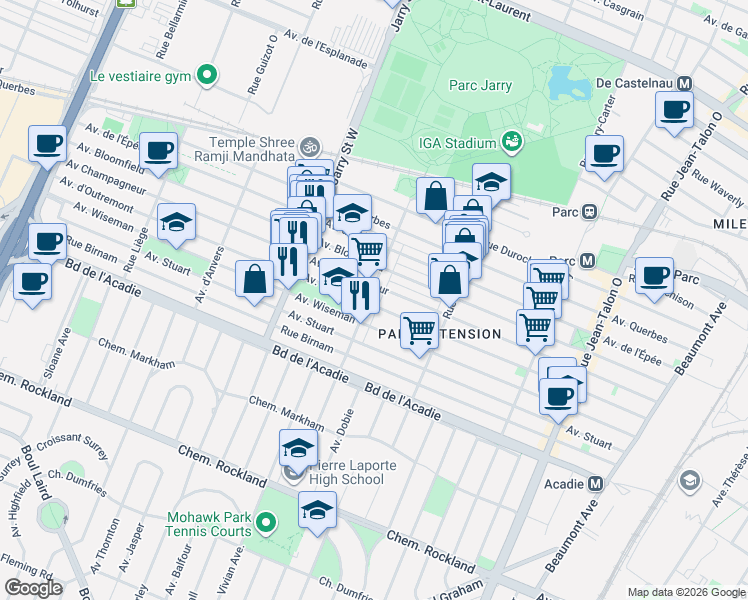 map of restaurants, bars, coffee shops, grocery stores, and more near 778 Avenue Ball in Montréal