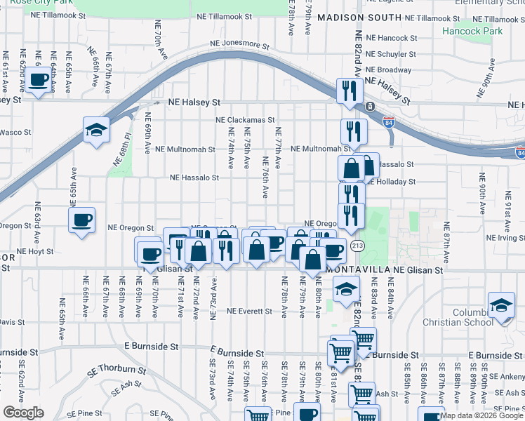 map of restaurants, bars, coffee shops, grocery stores, and more near 825 Northeast 76th Avenue in Portland