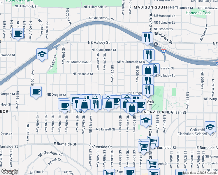 map of restaurants, bars, coffee shops, grocery stores, and more near 924 Northeast 76th Avenue in Portland
