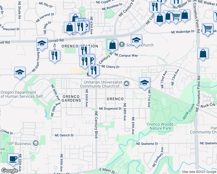 map of restaurants, bars, coffee shops, grocery stores, and more near 6637 Northeast Birch Street in Hillsboro