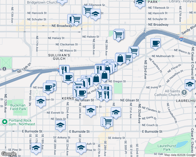 map of restaurants, bars, coffee shops, grocery stores, and more near 875 Northeast 27th Avenue in Portland