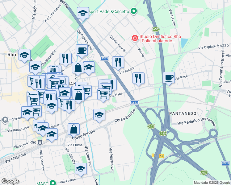 map of restaurants, bars, coffee shops, grocery stores, and more near 2 Via Ruggero Leoncavallo in Rho