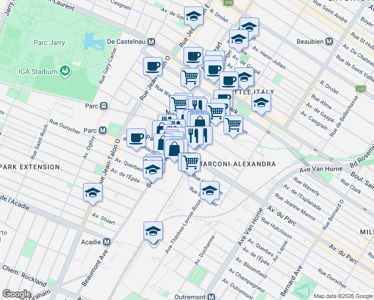 map of restaurants, bars, coffee shops, grocery stores, and more near 6727 Avenue du Parc in Montréal
