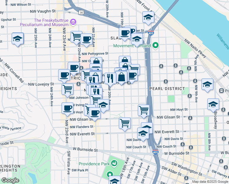 map of restaurants, bars, coffee shops, grocery stores, and more near in Portland