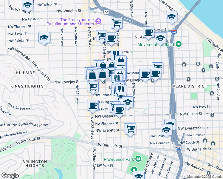 map of restaurants, bars, coffee shops, grocery stores, and more near 2140 Northwest Kearney Street in Portland