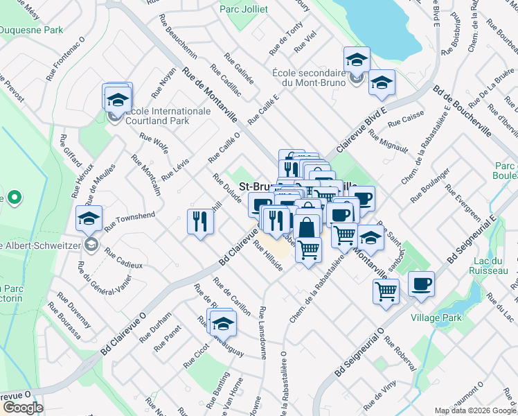 map of restaurants, bars, coffee shops, grocery stores, and more near 76 Rue Holmes in Saint-Bruno-de-Montarville