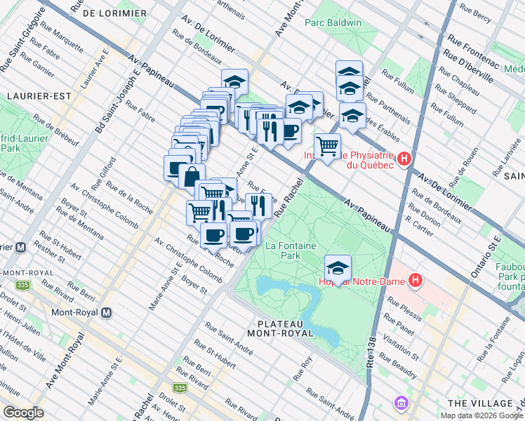 map of restaurants, bars, coffee shops, grocery stores, and more near 4231 Rue Garnier in Montréal