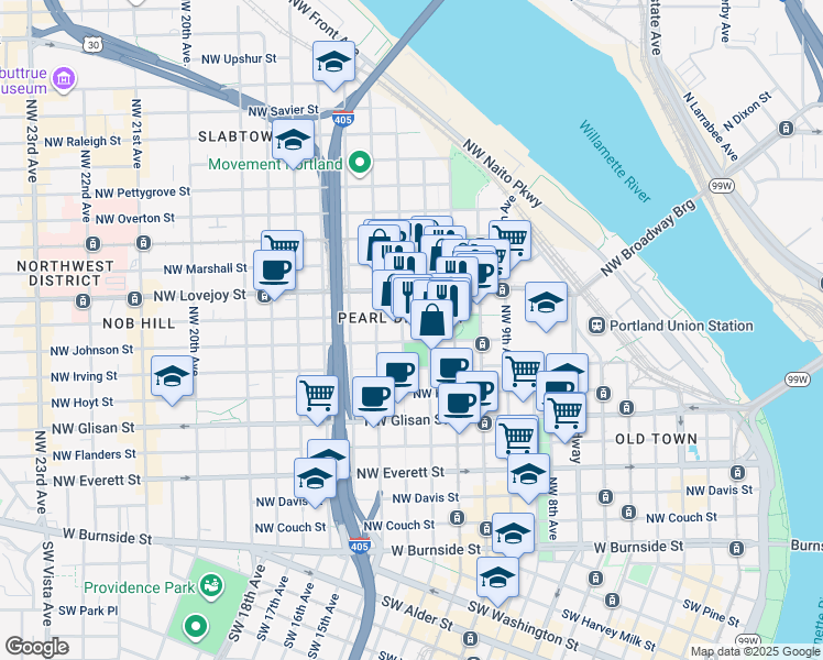 map of restaurants, bars, coffee shops, grocery stores, and more near in Portland