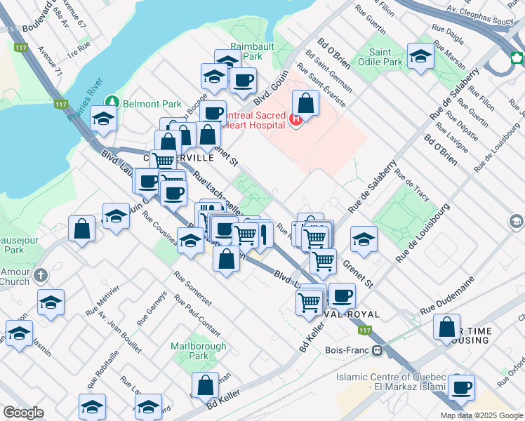 map of restaurants, bars, coffee shops, grocery stores, and more near Rue Legault in Montréal