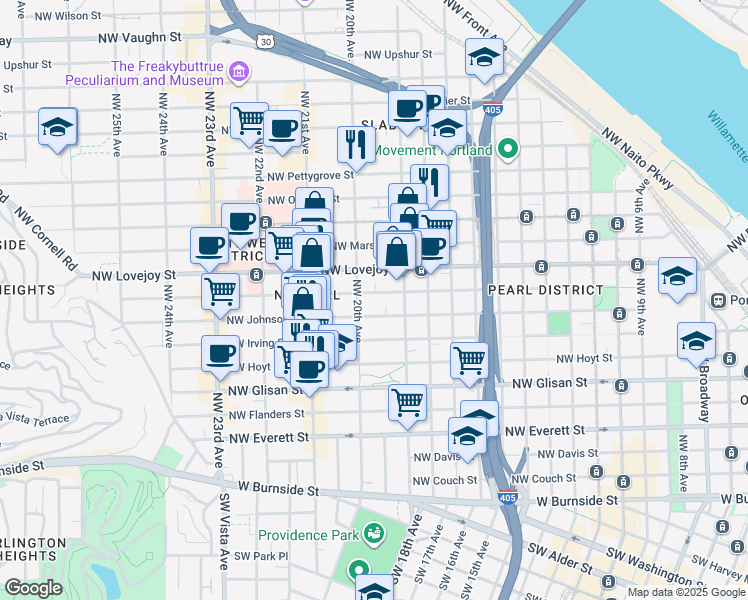 map of restaurants, bars, coffee shops, grocery stores, and more near in Portland