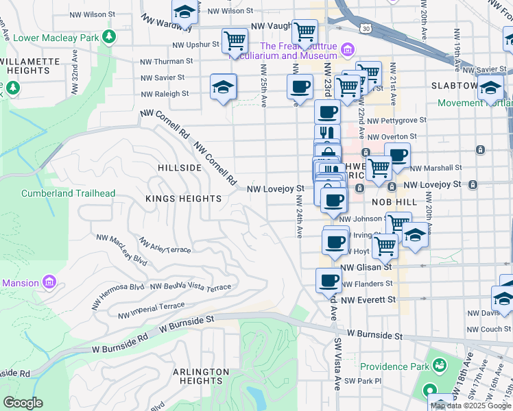map of restaurants, bars, coffee shops, grocery stores, and more near 2527 Northwest Westover Road in Portland
