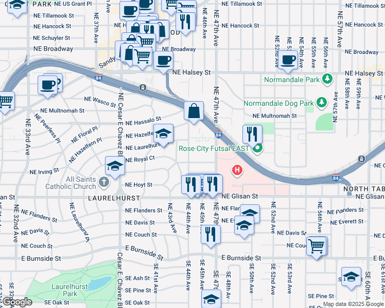 map of restaurants, bars, coffee shops, grocery stores, and more near 4334 Northeast Laurelhurst Place in Portland