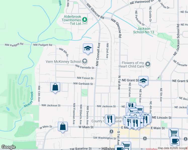 map of restaurants, bars, coffee shops, grocery stores, and more near 693 Northwest Connell Avenue in Hillsboro