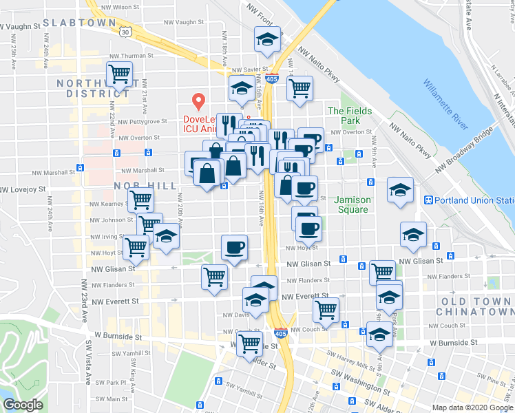 map of restaurants, bars, coffee shops, grocery stores, and more near 821 Northwest 16th Avenue in Portland