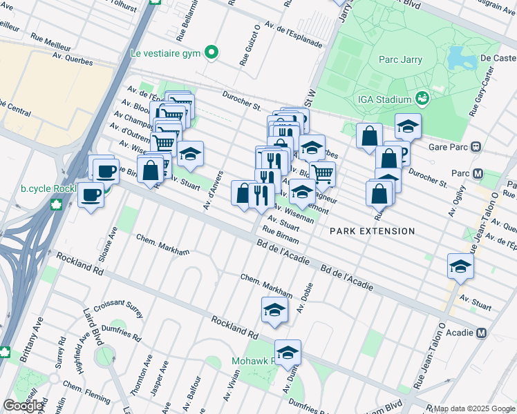map of restaurants, bars, coffee shops, grocery stores, and more near 911 Rue Jarry Ouest in Montréal