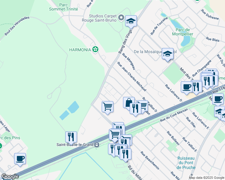 map of restaurants, bars, coffee shops, grocery stores, and more near 260 Rue Anne-Hébert in Saint-Basile-le-Grand