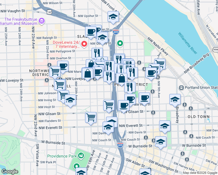 map of restaurants, bars, coffee shops, grocery stores, and more near 1613 Northwest Kearney Street in Portland