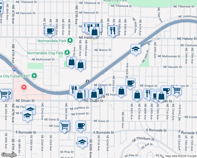 map of restaurants, bars, coffee shops, grocery stores, and more near 6116 Northeast Willow Street in Portland