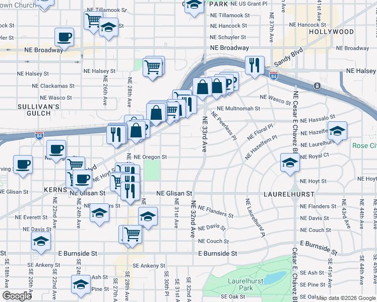 map of restaurants, bars, coffee shops, grocery stores, and more near 3067 Northeast Pacific Street in Portland