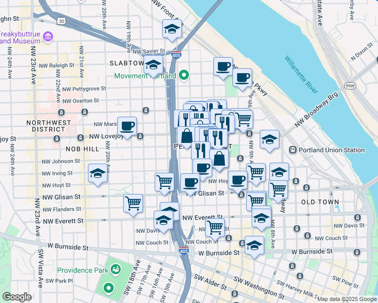 map of restaurants, bars, coffee shops, grocery stores, and more near in Portland