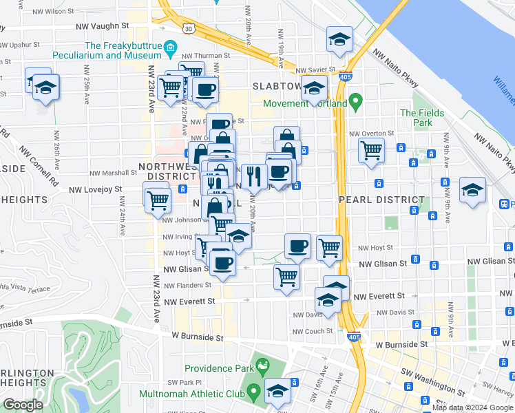 map of restaurants, bars, coffee shops, grocery stores, and more near in Portland
