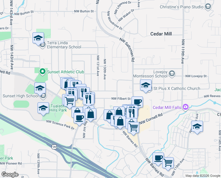 map of restaurants, bars, coffee shops, grocery stores, and more near 1335 Northwest 128th Avenue in Portland