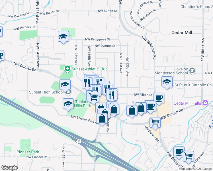 map of restaurants, bars, coffee shops, grocery stores, and more near 1375 Northwest 133rd Avenue in Portland