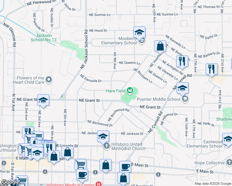 map of restaurants, bars, coffee shops, grocery stores, and more near 915 Northeast Donelson Road in Hillsboro