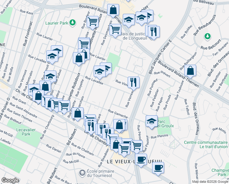 map of restaurants, bars, coffee shops, grocery stores, and more near 267 Rue Briand in Longueuil