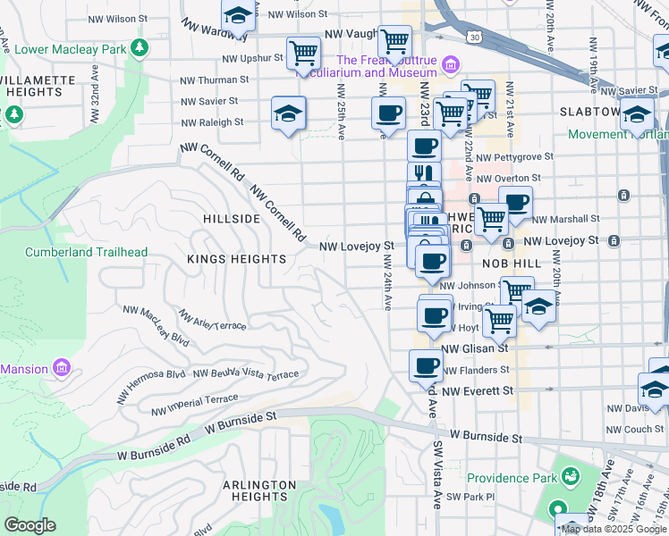 map of restaurants, bars, coffee shops, grocery stores, and more near 2527 Northwest Westover Road in Portland